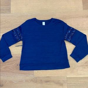 Blue tee with sparkle sleeves stripes